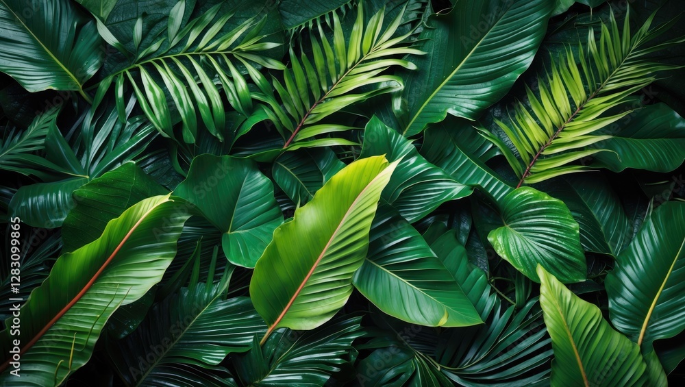 Aufkleber tropical green leaves background texture with various shapes and sizes arranged in a dense natural p