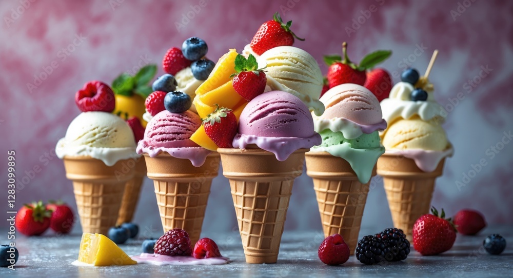 Poster assorted ice cream cones topped with fruits and berries on a textured surface with a colorful backgr