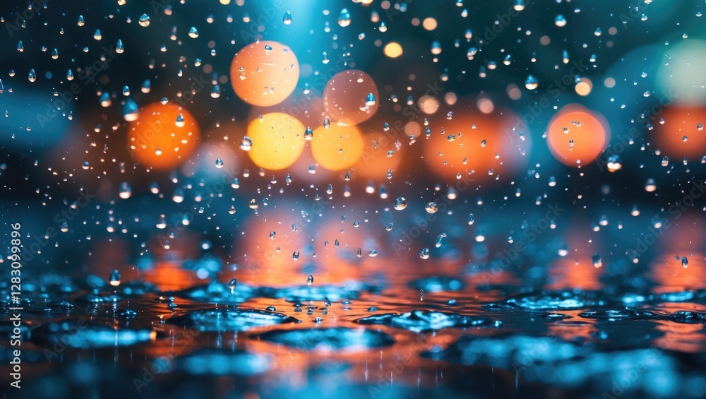 Poster rain droplets on a reflective surface illuminated by blurred bokeh lights creating a soothing and vi