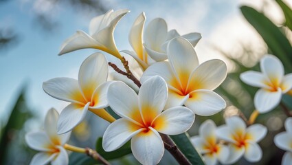 Obraz premium Close-up of white plumeria flowers with yellow centers surrounded by green leaves natural background Copy Space