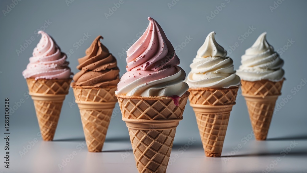 Poster ice cream cones with assorted flavors arranged in a line on a light background with copy space
