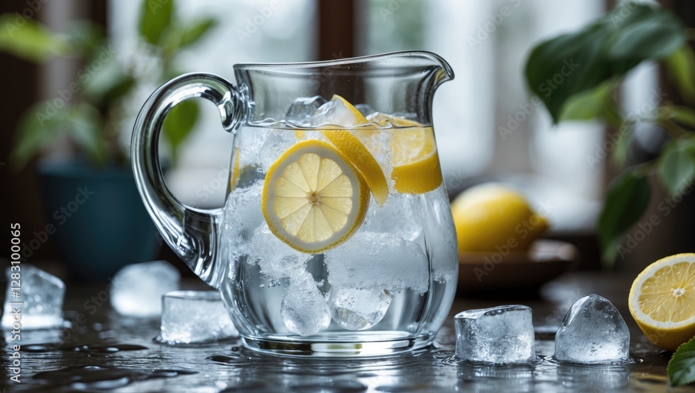 Poster glass pitcher filled with lemonade and ice cubes with sliced lemons on table in bright indoor settin