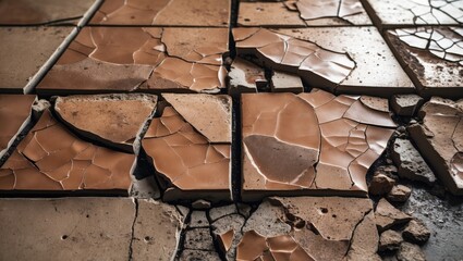 Cracked brown ceramic tiles creating a distressed pattern on a weathered cement floor showcasing decay and urban aesthetics