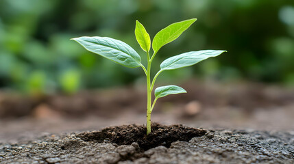 Young sprout emerging from rich soil, thriving in a lush green natural background. Ideal for environmental conservation campaigns