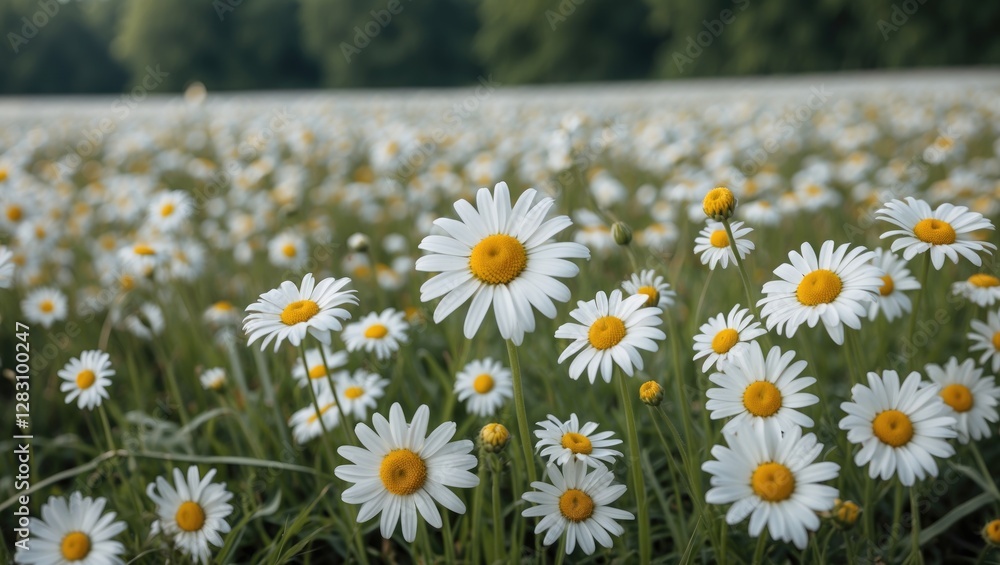 Aufkleber field of white daisies with yellow centers in a natural setting with blurred background and ample co