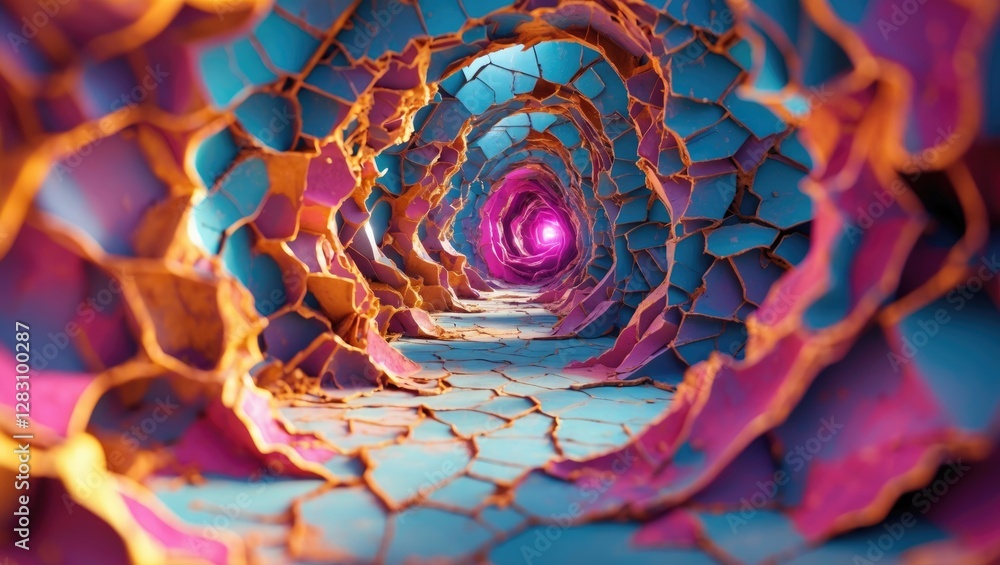 Poster colorful abstract tunnel with cracked textures leading into a vibrant light source representing dept