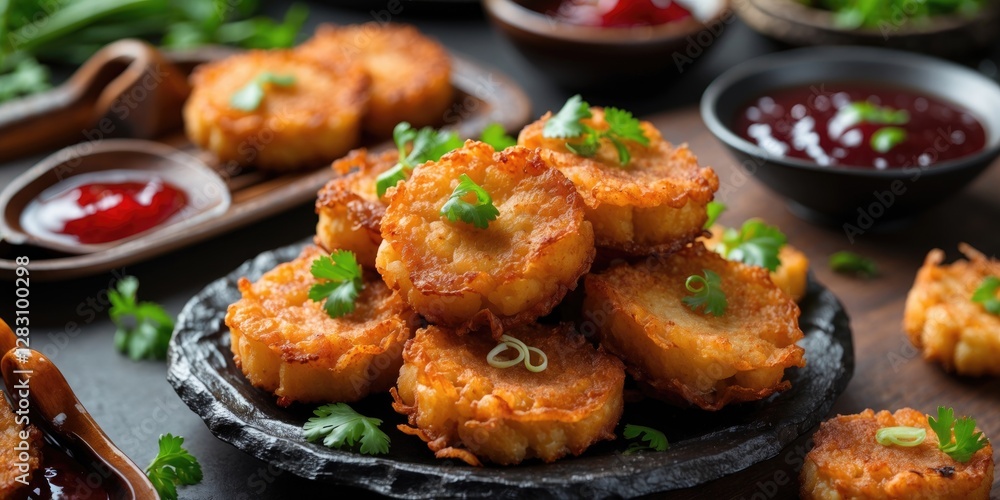 Poster crispy deep fried shrimp cakes served with sauces and fresh herbs on a stylish plate with empty spac