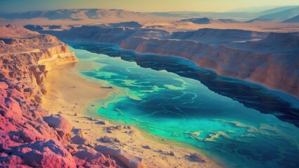Scenic view of the Dead Sea coastline showcasing vibrant turquoise waters and striking geological formations under a soft sunset glow