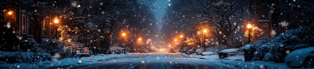 Peaceful snowy street with falling snowflakes and streetlights illuminating the winter night. Generative AI