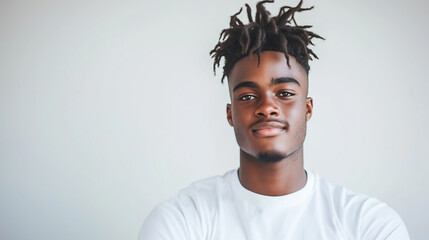 Obraz premium young man with a confident expression gazes directly at the camera, standing against a neutral white background. His bold and self-assured demeanor creates an impactful portrait.yo