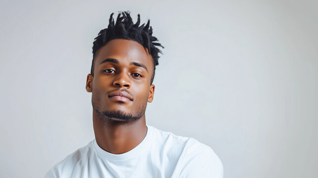 young man with a confident expression gazes directly at the camera, standing against a neutral white background. His bold and self-assured demeanor creates an impactful portrait.yo