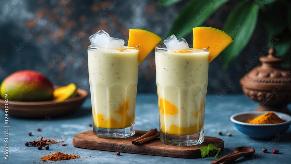 Poster mango lassi drinks in tall glasses with ice and slices of mango on the rim served on wooden board wi