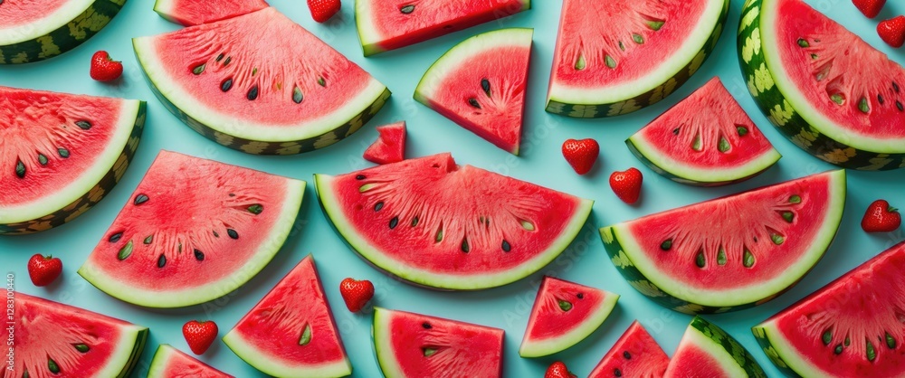 Poster slices of ripe watermelon and small red hearts arranged on a blue background with copy space for tex