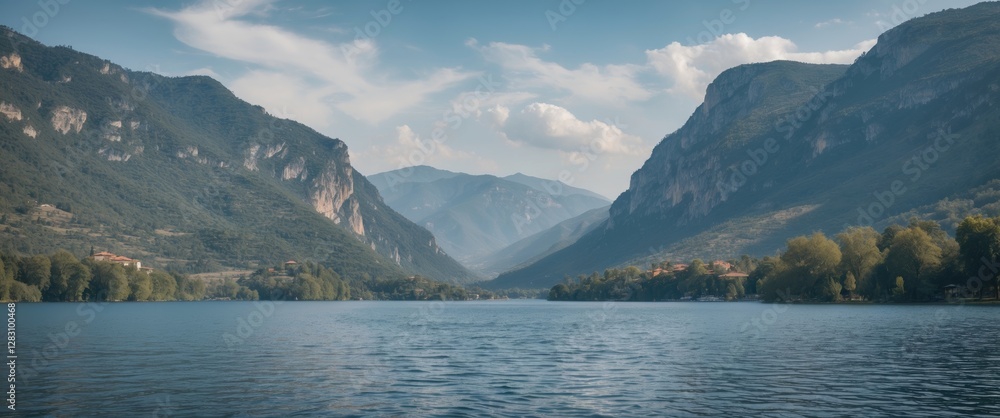 Aufkleber scenic view of a calm lake surrounded by majestic mountains under a clear sky with soft clouds and g