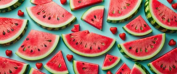 Slices of ripe watermelon and small red hearts arranged on a blue background with copy space for text.