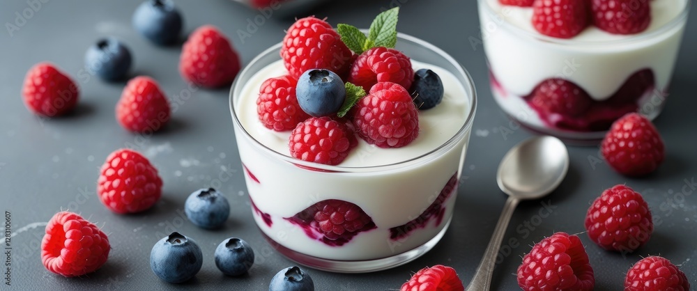 Aufkleber delicious raspberry yogurt dessert in glass serving dish with fresh berries and empty space for cust