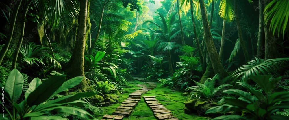 Poster lush tropical rainforest with a winding stone path surrounded by dense green vegetation and tall tre
