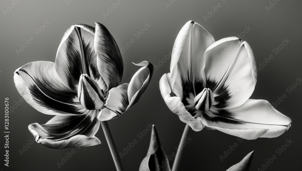 Poster black and white close-up of two elegant tulip flowers with unique patterns and textures on petals ag