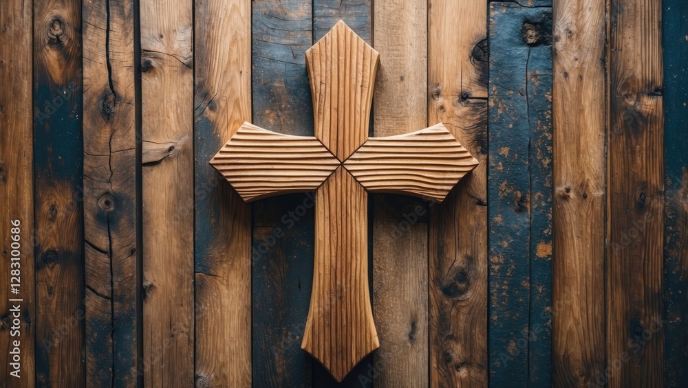 Poster wooden cross with textured pattern on rustic wooden backdrop as a decorative element for backgrounds