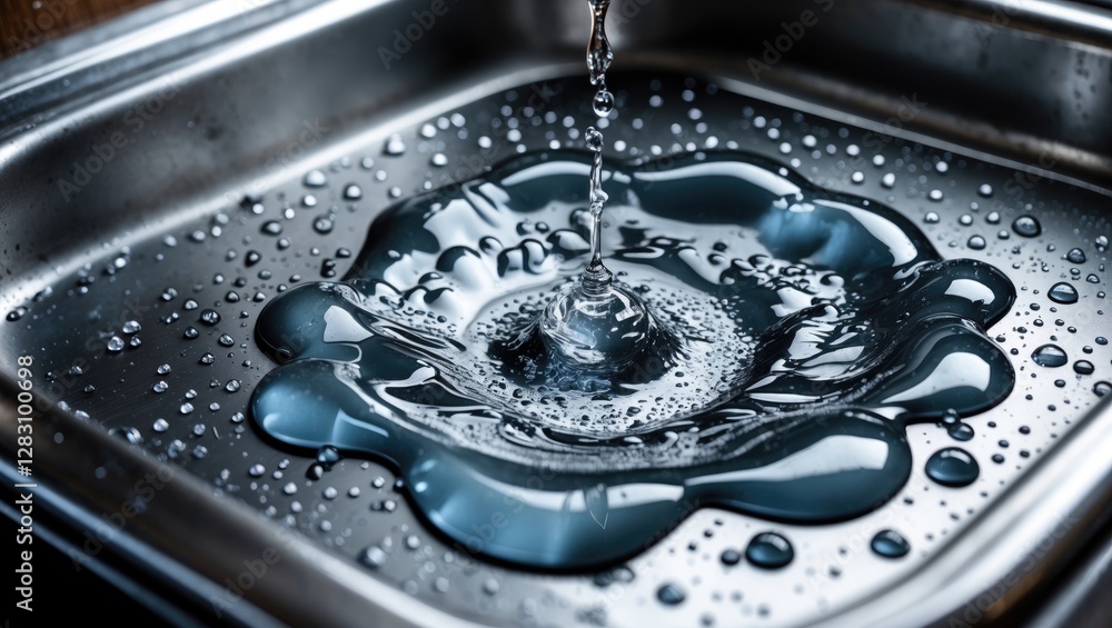 Poster water droplets creating ripples on a shiny metal surface in a sink reflecting light and texture vibr