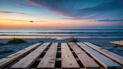 Fototapeta premium Wooden pallet on sandy beach during sunset with ocean waves and colorful sky in background, Copy Space available for text placement