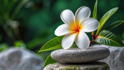 Fototapeta premium White plumeria flower on a smooth stone surrounded by green leaves and blurred nature background with copy space