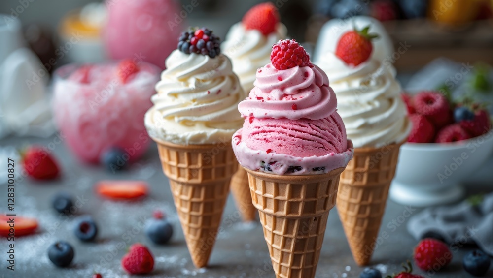 Poster ice cream cones with various flavors including raspberry and vanilla decorated with fresh berries on