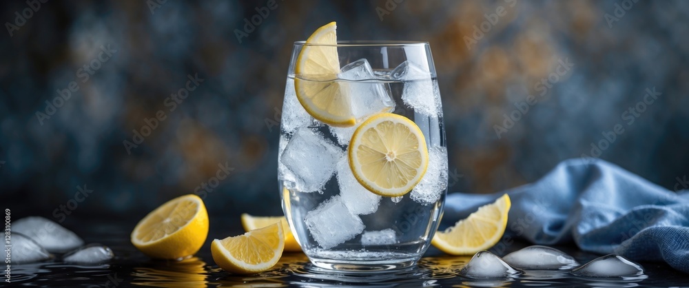 Poster glass of water with ice cubes and lemon slices on a reflective surface with lemon wedges and blue cl