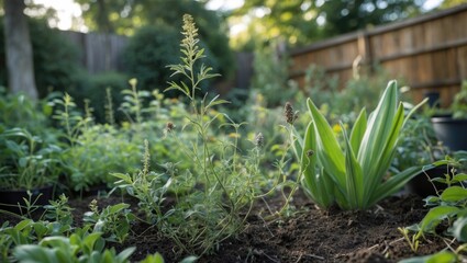 Lush green garden with various plants and flowers in a backyard setting during daylight with natural sunlight and soft focus on background. Copy Space