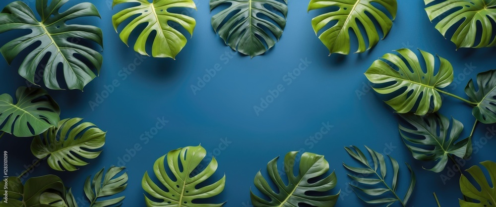 Poster fresh green monstera leaves arranged on a blue background with ample copy space for text placement