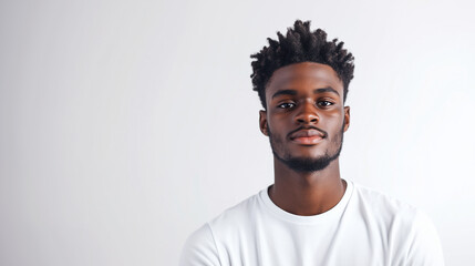 Obraz premium young man exudes confidence as he looks straight into the camera, standing in front of a plain white background. His focused gaze and composed demeanor reflect a sense of control a