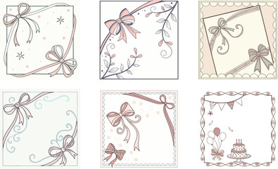 Obraz premium Vintage bows and ribbons frame for greeting cards, wedding or birthday party, picnic invitations. Cute elegant coquette Lolita style. Hand drawn ribbons border illustration for social media decoration