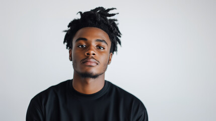 Obraz premium young man exudes confidence as he looks straight into the camera, standing in front of a plain white background. His focused gaze and composed demeanor reflect a sense of control a
