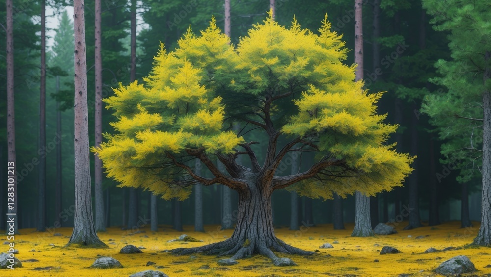 Poster majestic coniferous trees with vibrant yellow and green foliage in a tranquil forest setting and a c