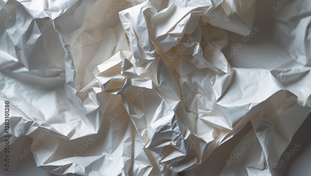 Poster textured close-up of crumpled white paper background for creative and design projects, conveying dis
