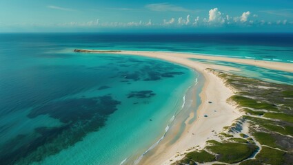 Obraz premium Aerial view of a tropical beach with white sand, clear turquoise waters, and lush greenery under a partly cloudy sky. Copy Space