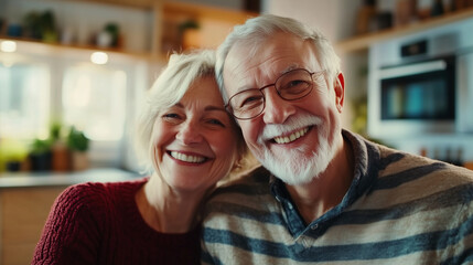 slow motion, a senior couple smiles lovingly at each other in their kitchen, both looking at the camera. The scene captures the peaceful happiness of an older couple enjoying life