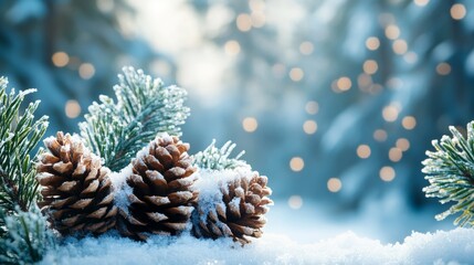 Snow-covered pinecones surrounded by evergreen branches and soft winter light in a serene forest setting