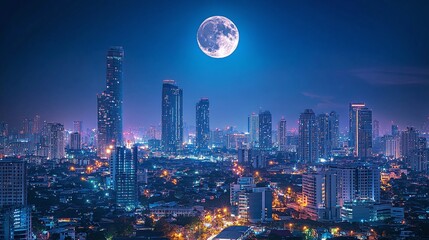 Naklejka premium night city skyline with a full moon illuminating modern skyscrapers and urban architecture creating a glowing futuristic landscape with bright lights reflecting across the panoramic horizon