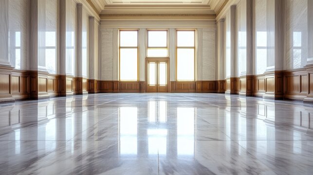 A legislative hall with polished marble floors and wooden panels. Featuring elegance and tradition