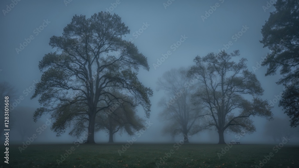 Aufkleber misty forest landscape with tall trees in foggy atmosphere creating a mysterious ambiance copy space