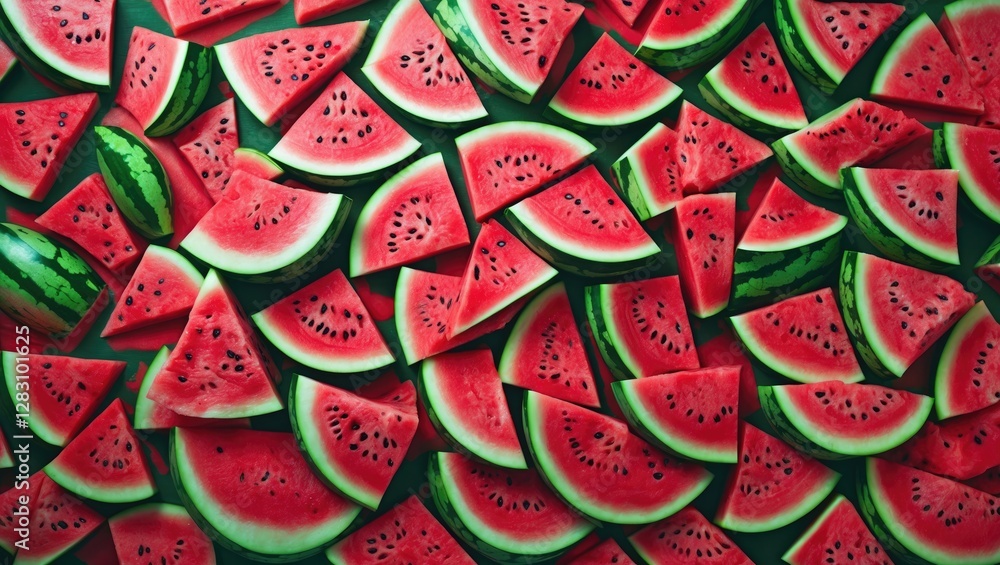 Poster freshly cut watermelon slices arranged in colorful pattern on dark surface copy space