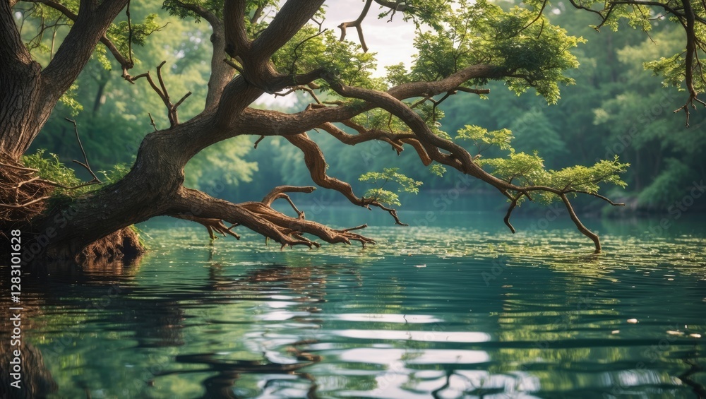 Poster tree branches over calm water with reflections in serene natural environment with lush greenery and 