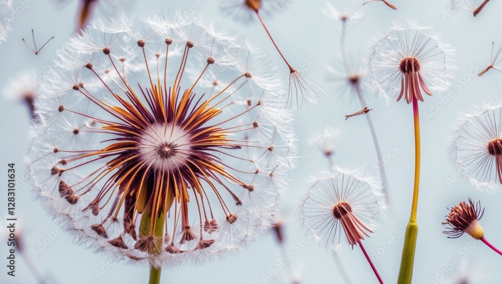 Poster dandelion flower seeds showcasing intricate beauty and symmetry against a soft background highlighti