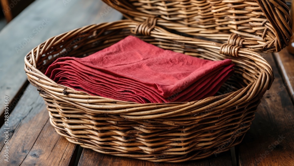Poster woven wicker basket with neatly folded red napkins on rustic wooden table with copy space for text.