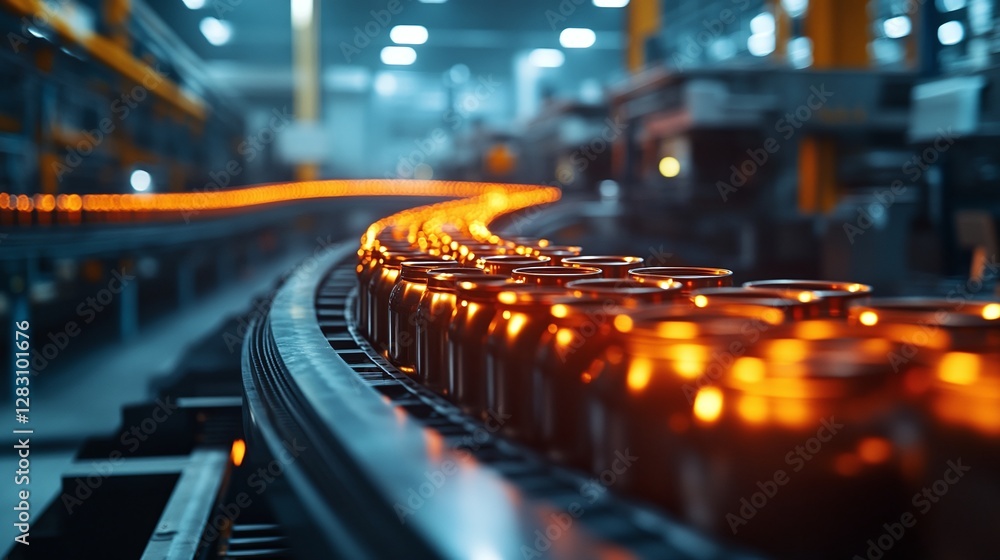 Poster a high tech industrial factory with an automated conveyor belt system ensuring the efficient manufac