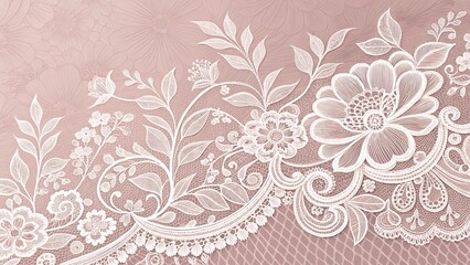 Fototapeta premium White Lace Texture Overlay on a Blush Pink Background with Intricate Floral Patterns elegant white lace texture featuring intricate floral patterns delicately layered over a soft blush pink 