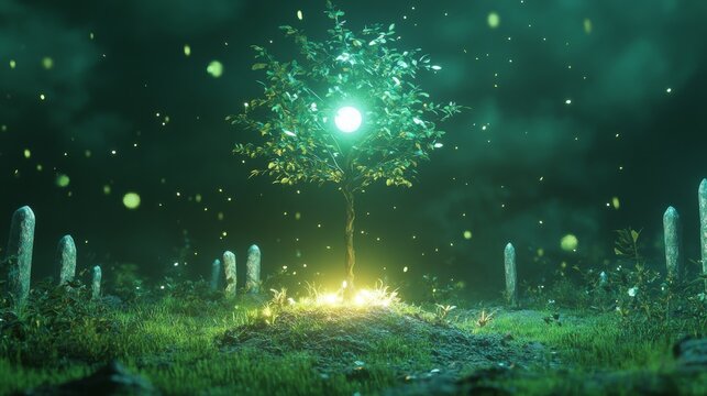 A divine staff, its shaft made of glowing crystal and its head adorned with a sphere of pulsating light, stands upright in a circle of floating runestones. From the glowing spher