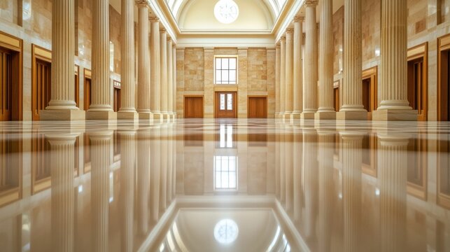 A legislative hall with polished marble floors and wooden panels. Featuring elegance and tradition