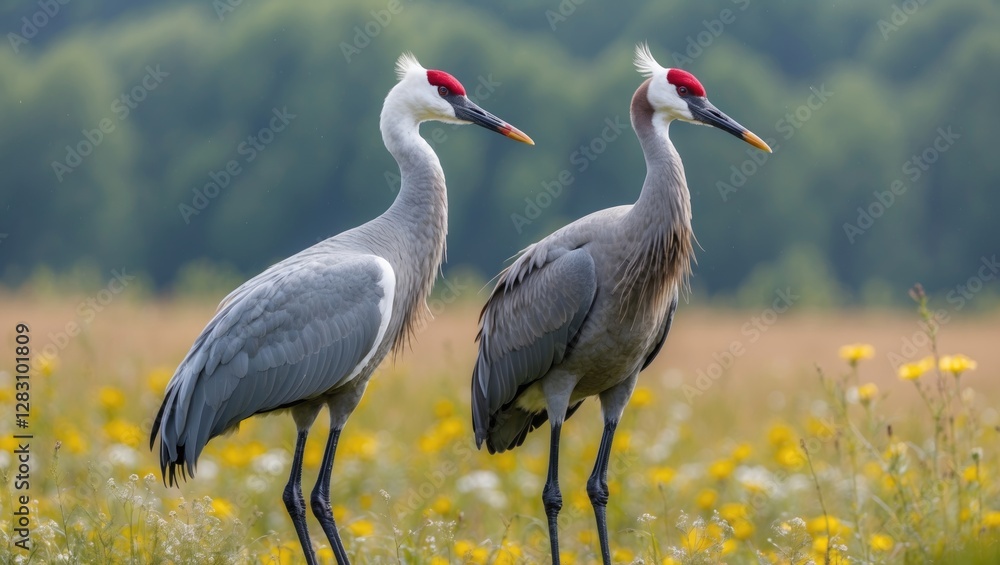 Poster two cranes standing side by side in a field of wildflowers with green foliage in the background copy